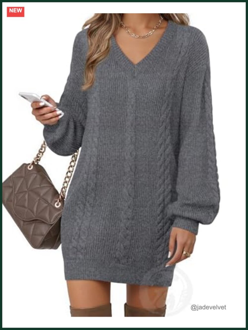 Women's V-Neck Lantern Sleeve Knit Mini Sweater Dress